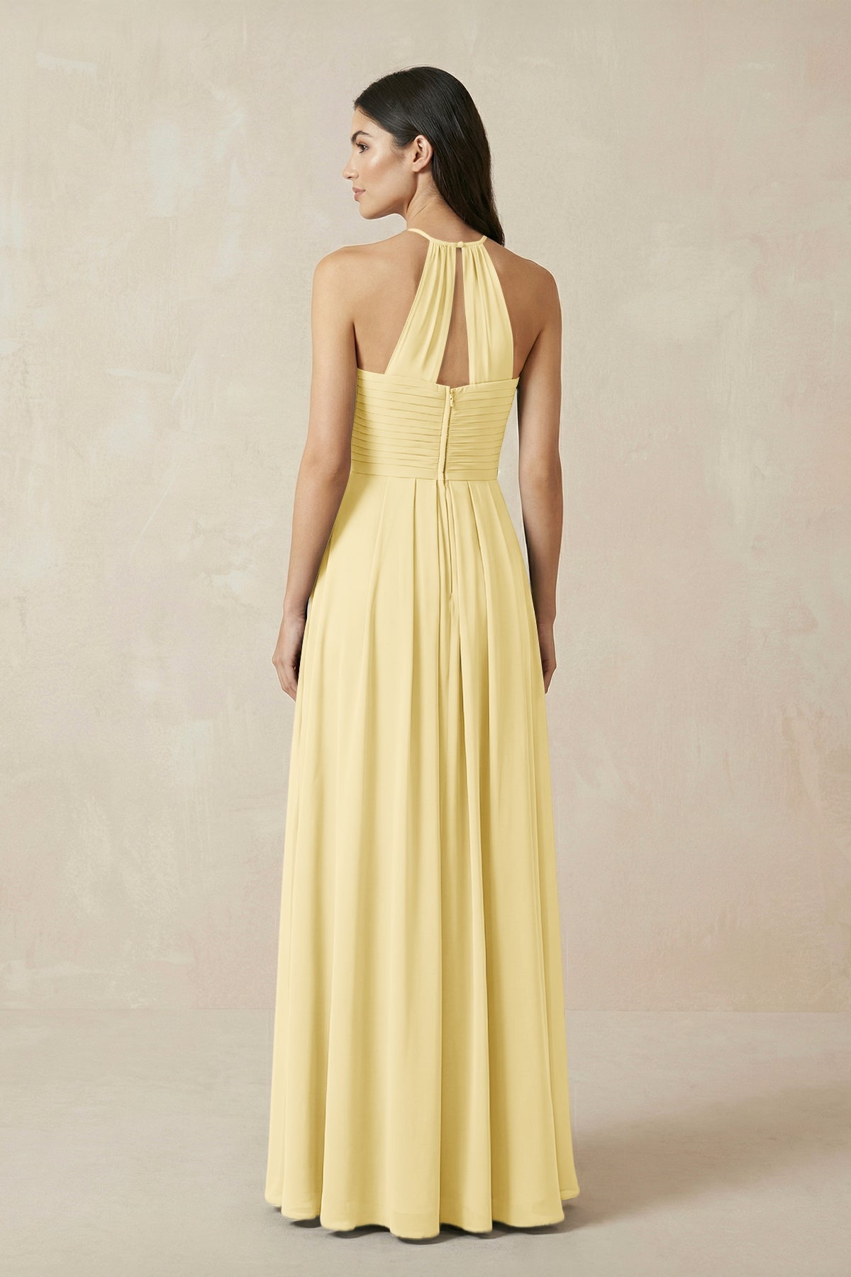A-Line Halter Neck Pleated Chiffon Bridesmaid Dress in Pastel Yellow