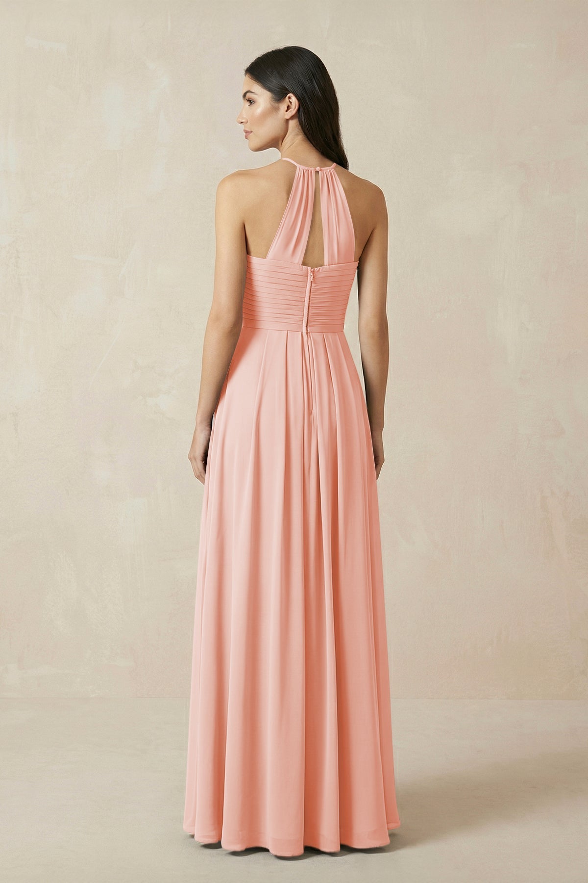 A-Line Halter Neck Pleated Chiffon Bridesmaid Dress in Rose Petal