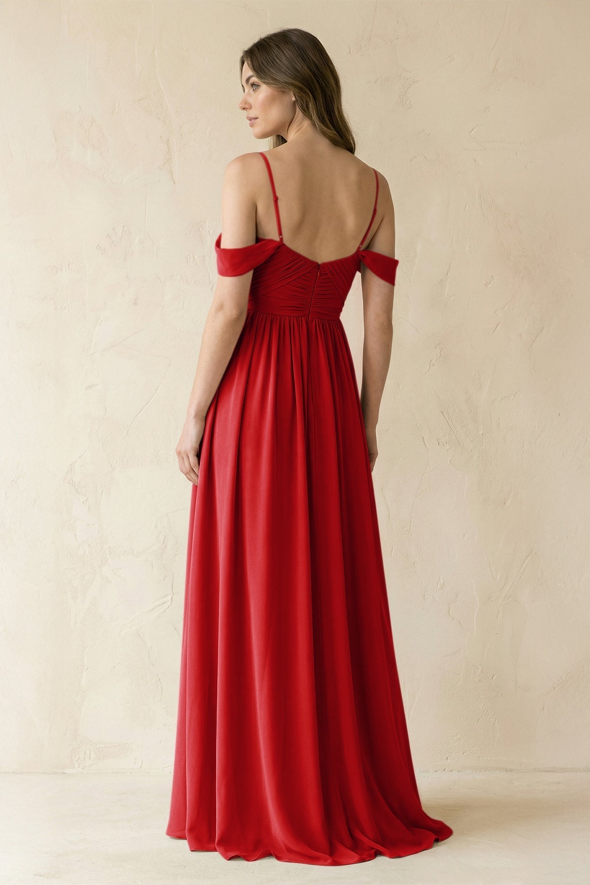 A-Line Off-the-Shoulder Pleated Chiffon Bridesmaid Dress in Ruby Red