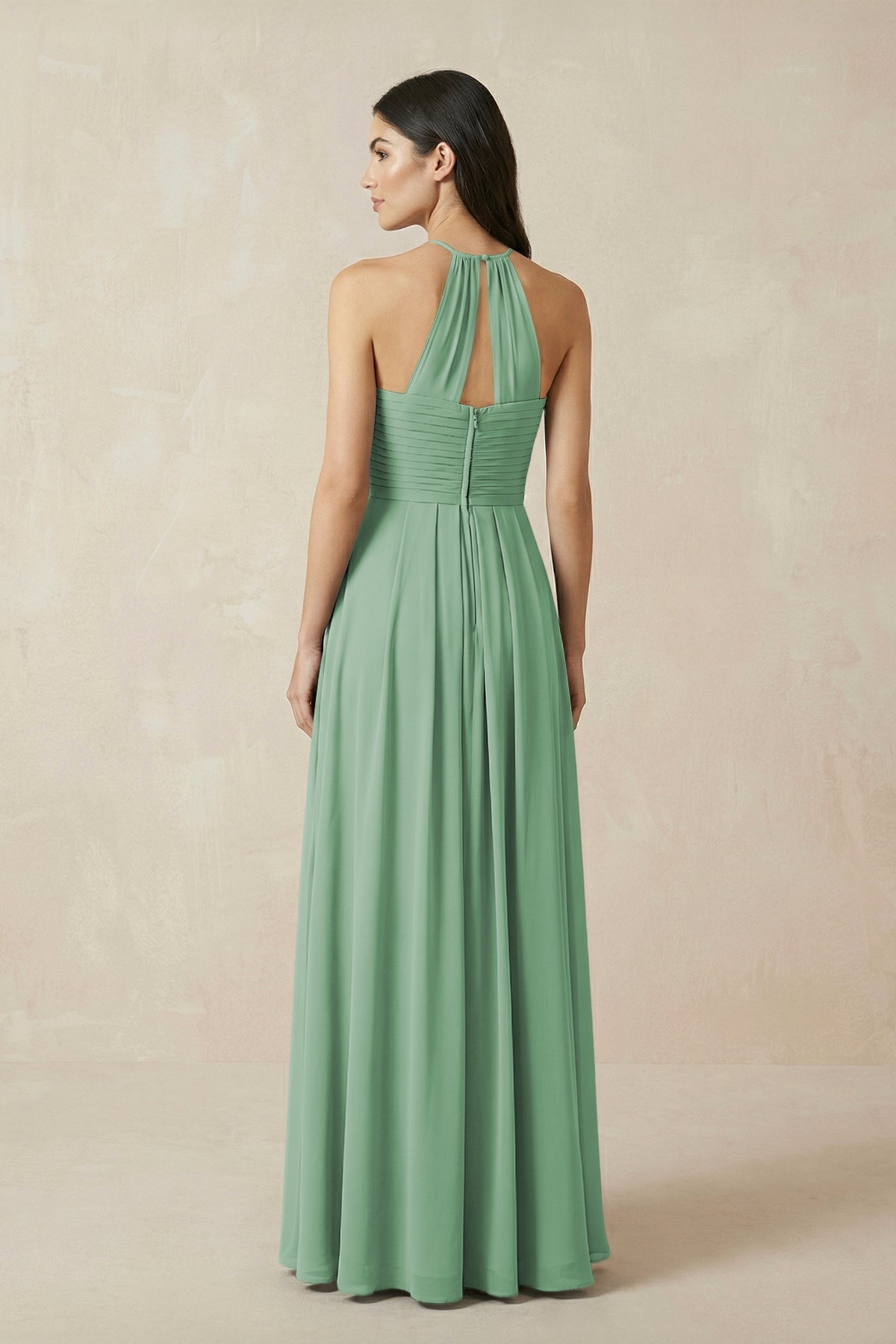 A-Line Halter Neck Pleated Chiffon Bridesmaid Dress in Sea Glass