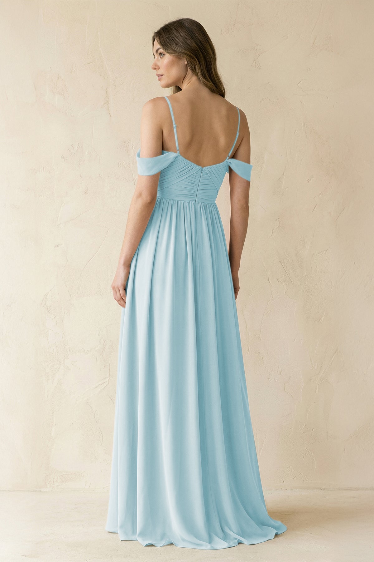 A-Line Off-the-Shoulder Pleated Chiffon Bridesmaid Dress in Sky Blue