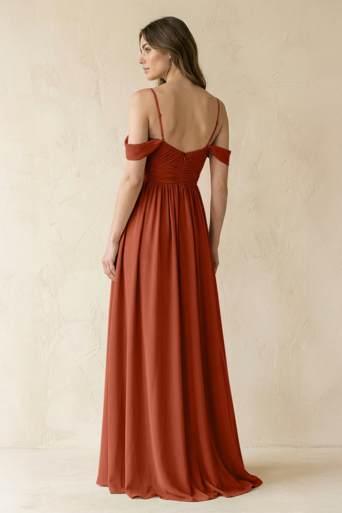A-Line Off-the-Shoulder Pleated Chiffon Bridesmaid Dress in Spice