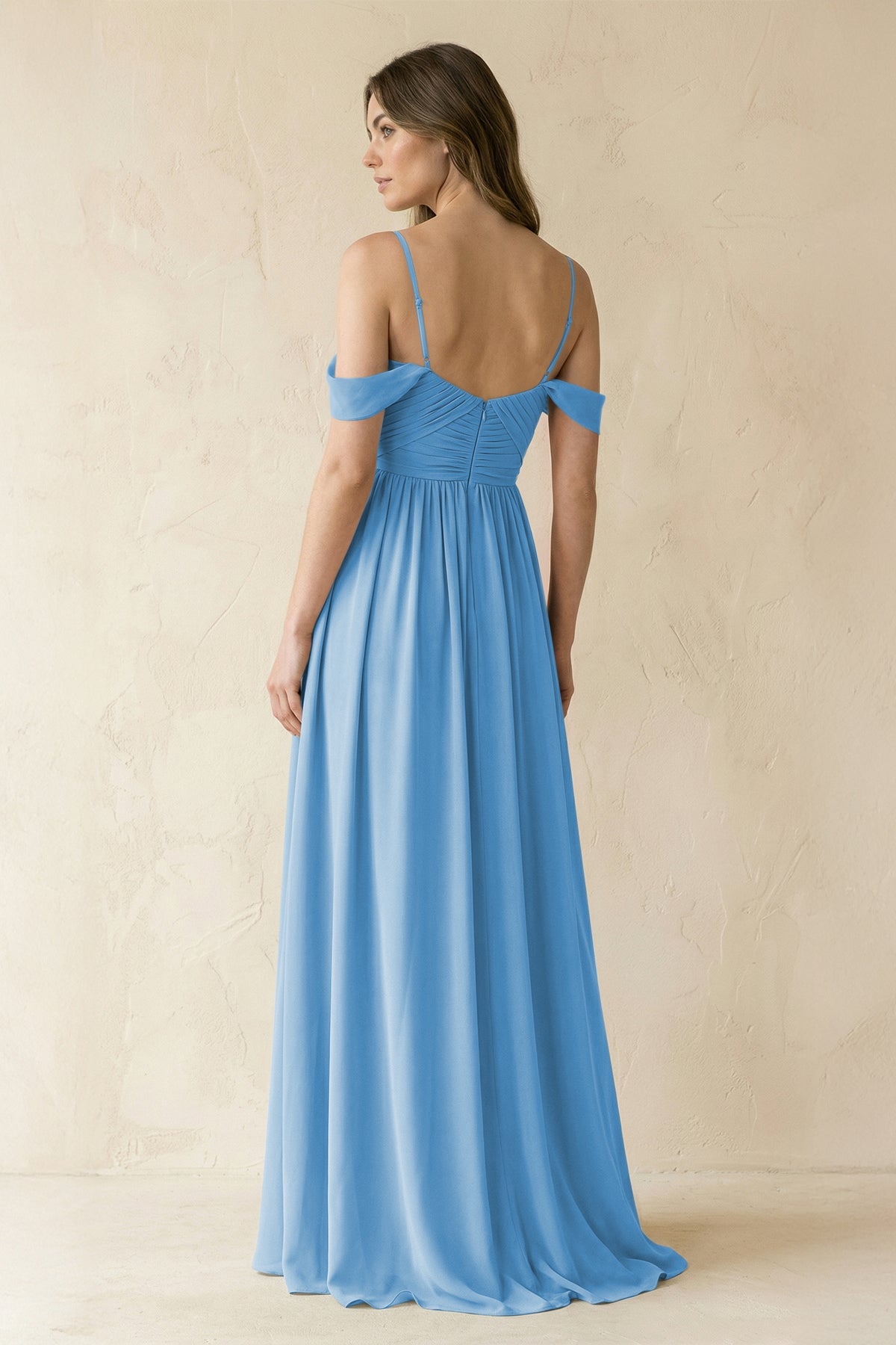 A-Line Off-the-Shoulder Pleated Chiffon Bridesmaid Dress in Steel Blue