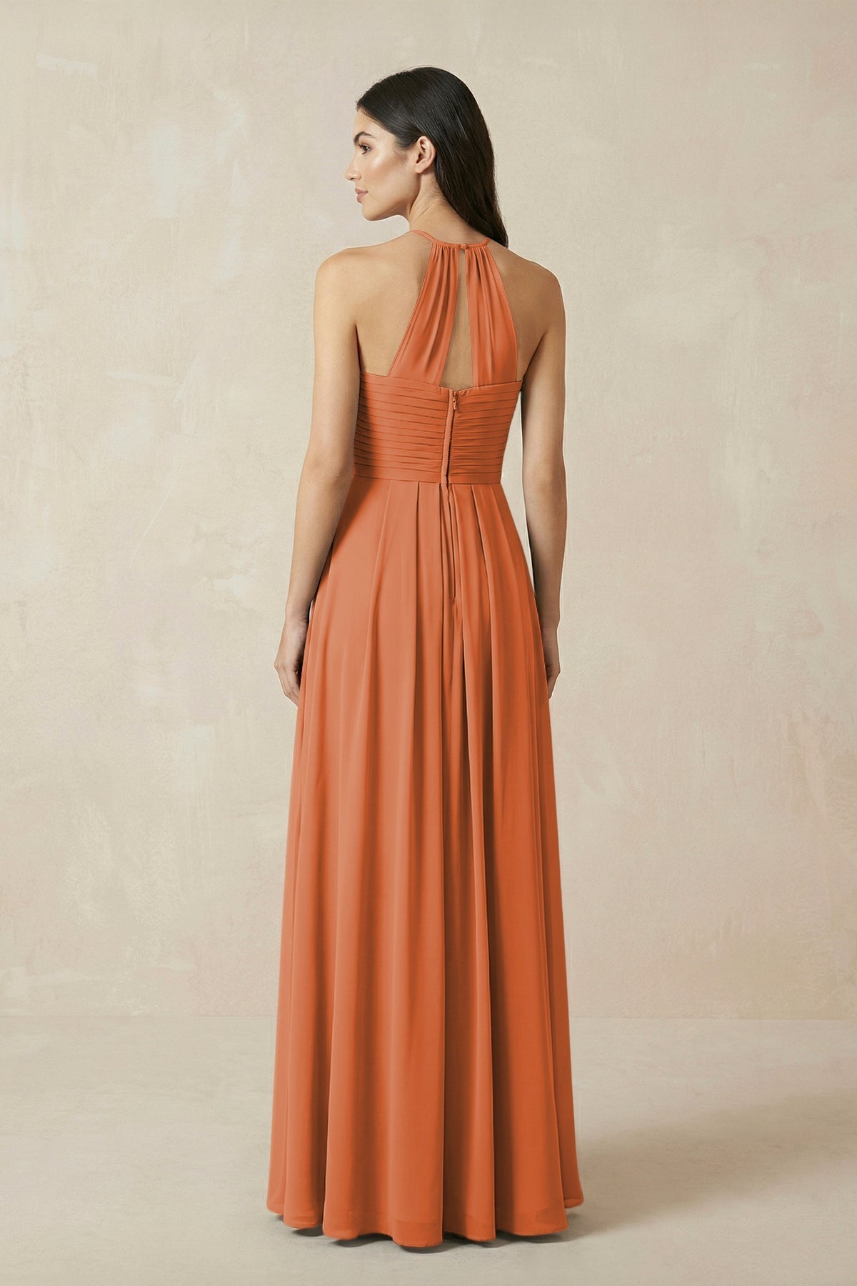 A-Line Halter Neck Pleated Chiffon Bridesmaid Dress in Terracotta