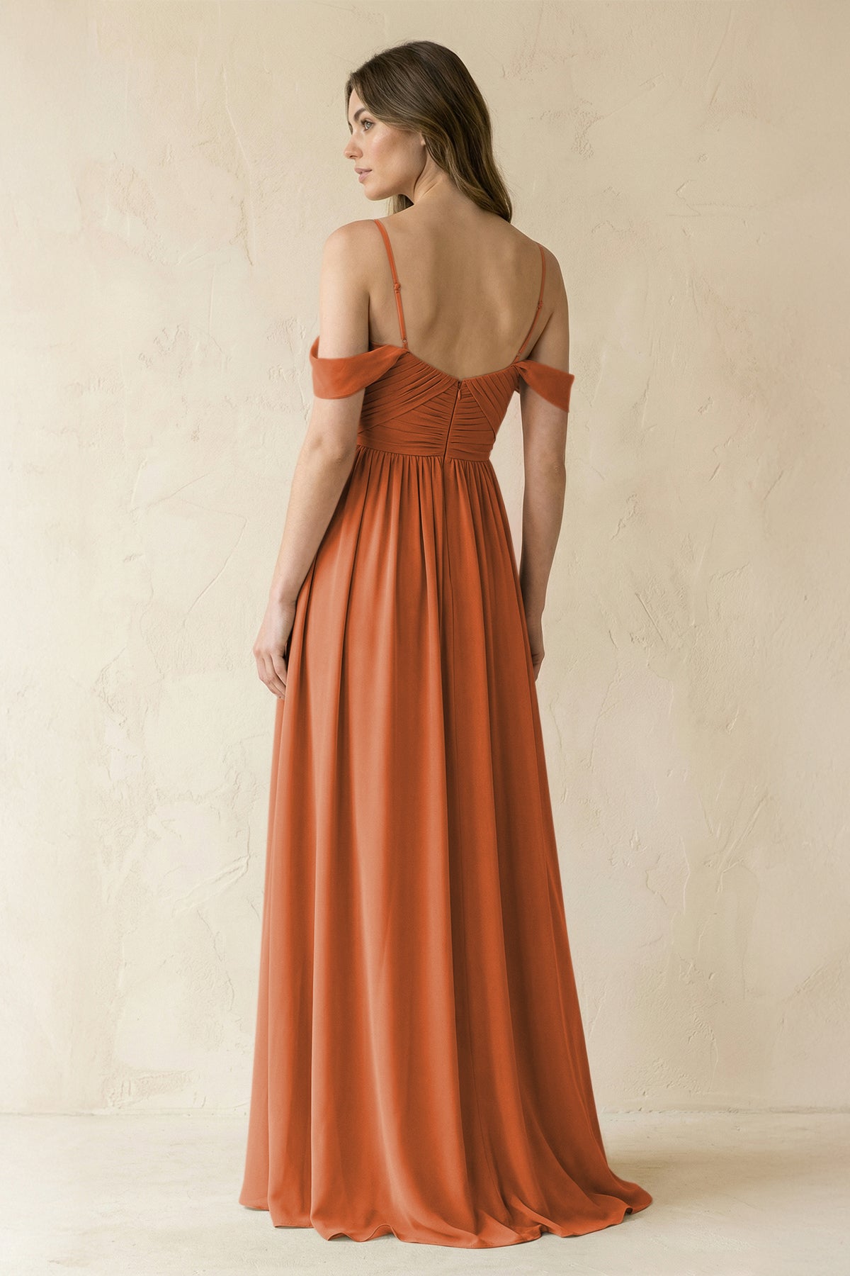 A-Line Off-the-Shoulder Pleated Chiffon Bridesmaid Dress in Terracotta