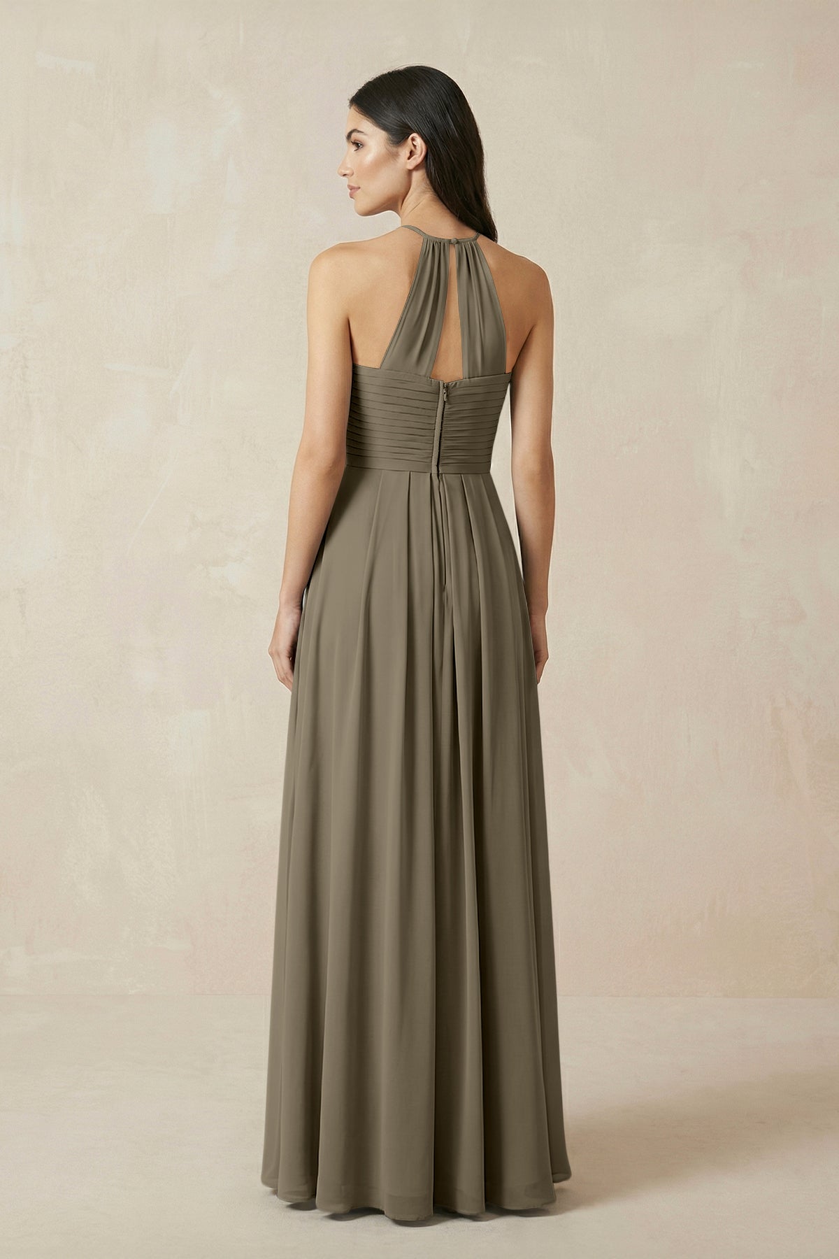 A-Line Halter Neck Pleated Chiffon Bridesmaid Dress in Willow Green