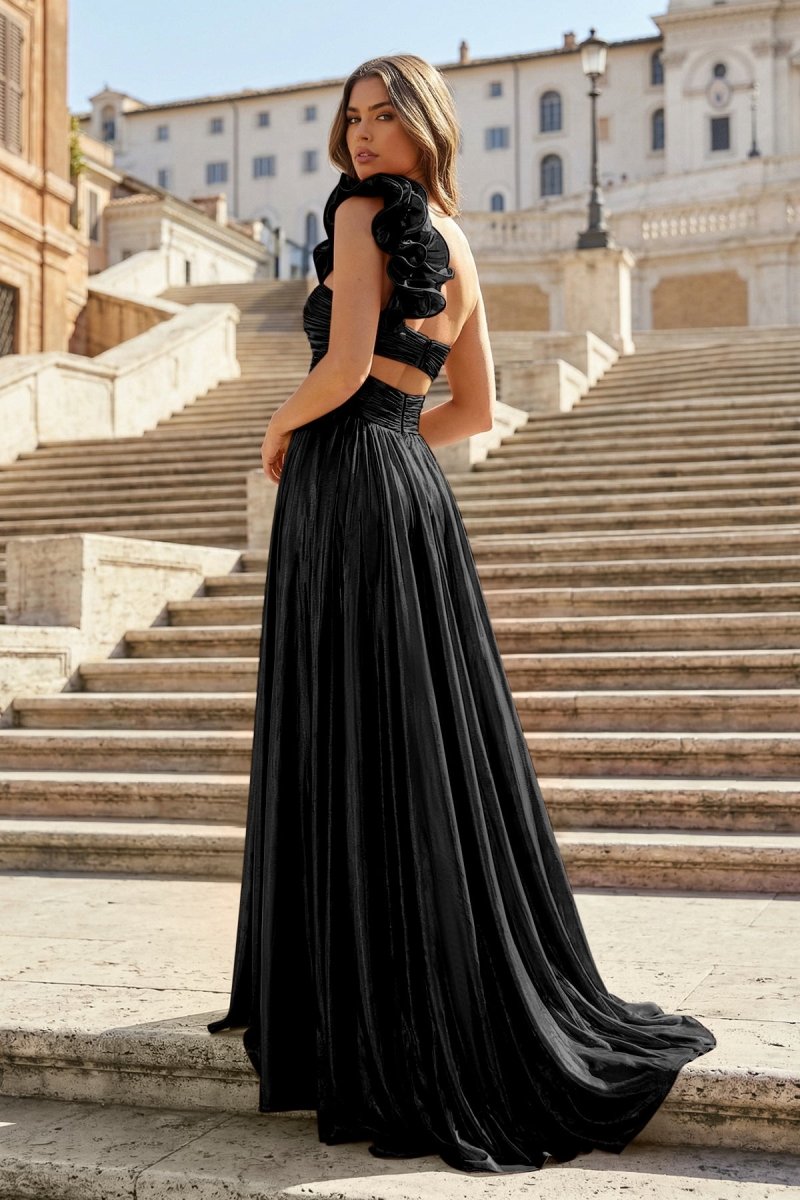 A-Line Fuchsia One Shoulder Keyhole Pleated Metallic Prom Dress with Slit
