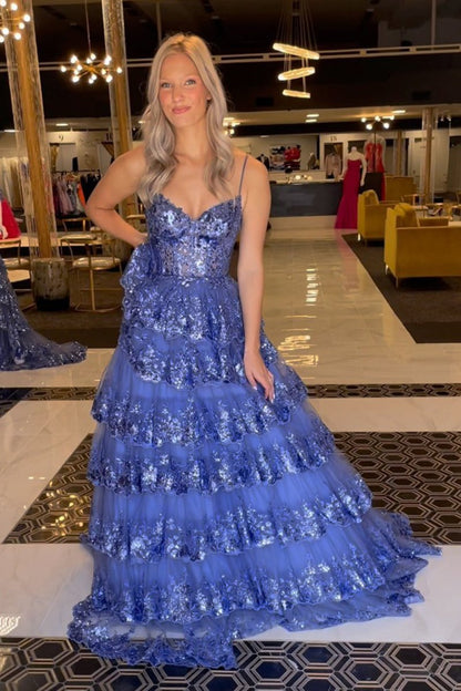 A Line Spaghetti Straps Tiered Lace Prom Dress