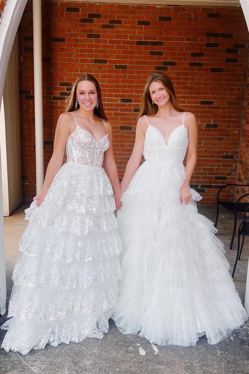 A Line Spaghetti Straps Tiered Lace Prom Dress