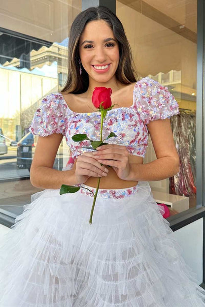 A line Square Neck Tulle Prom Dress with Ruffles