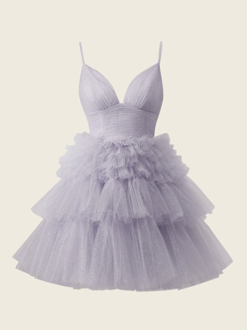 A-Line Deep V Neck Tiered Short Homecoming Dress