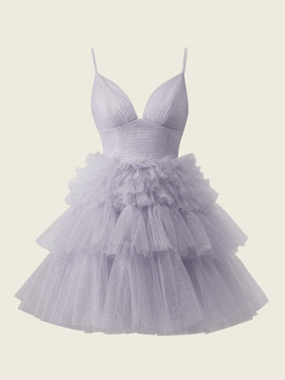 A-Line Deep V Neck Tiered Short Homecoming Dress