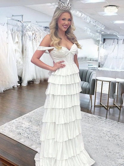 A Line Off-the-Shoulder Satin Tiered Long Prom Dresses With Beads