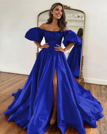A-Line Off The Shoulder Taffeta Prom Dress With Short Puffy Sleeves