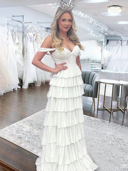 A Line Off-the-Shoulder Satin Tiered Long Prom Dresses With Beads
