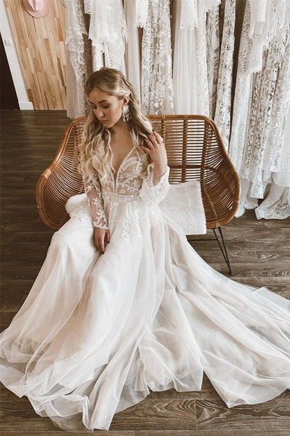 A-Line Lace Top Flare Sleeves Open Back Wedding Dress