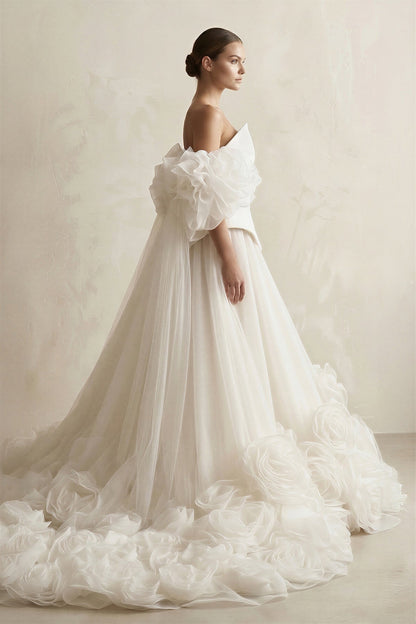 3D-Flower Tulle Off-the-Shoulder A-Line Wedding Dress in Ivory