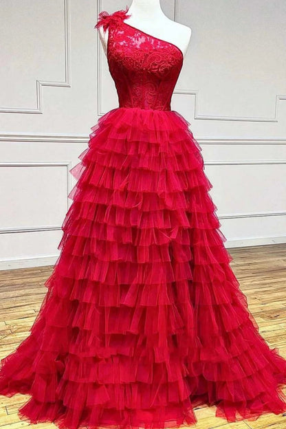 A Line One Shoulder Tiered Long Prom Dress
