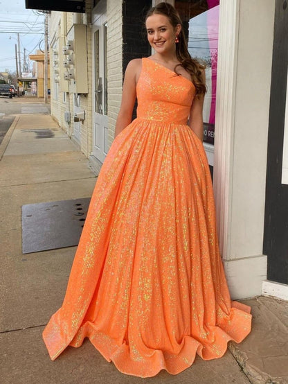 A-Line One Shoulder Sequins Prom Dress with Pockets