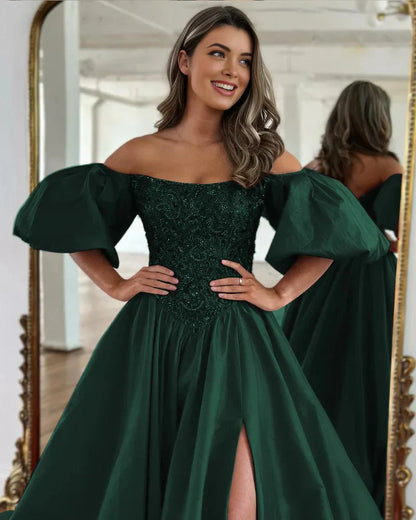 A-Line Off The Shoulder Taffeta Prom Dress With Short Puffy Sleeves