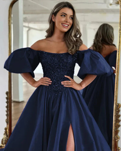 A-Line Off The Shoulder Taffeta Prom Dress With Short Puffy Sleeves