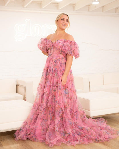 A Line Off The Shoulder Floral Tulle Prom Dress
