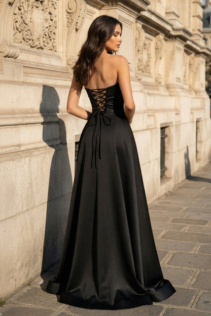 A Line Black Strapless Satin Prom Dresses With Slit