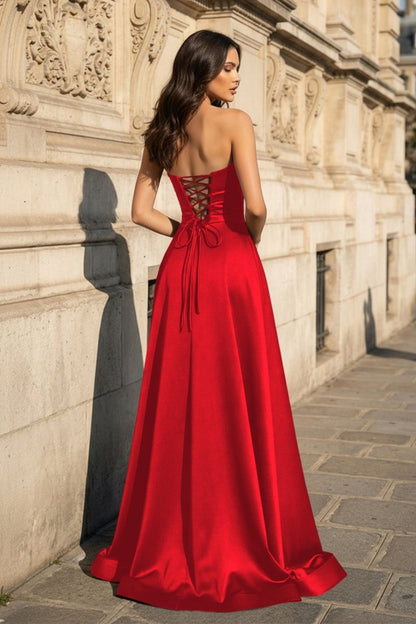 A Line Black Strapless Satin Prom Dresses With Slit