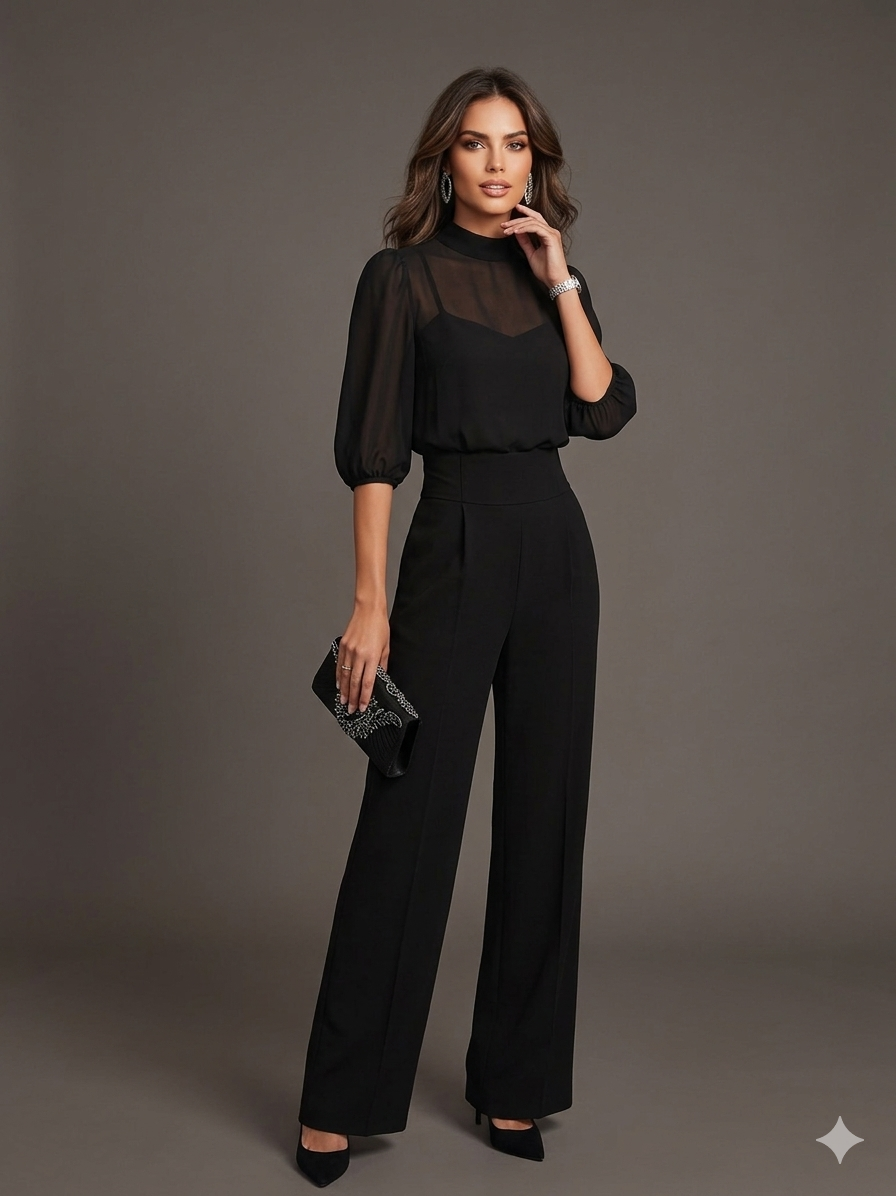 Black Chiffon Top And Wide Leg Pants Three Piece Set