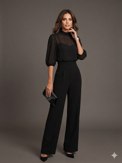 Black Chiffon Top And Wide Leg Pants Three Piece Set