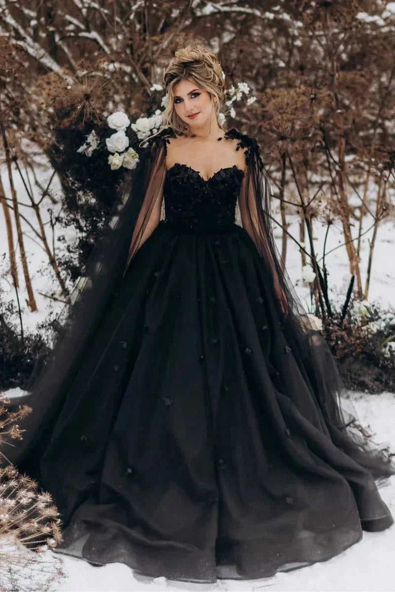 A-Line Black Gothic Wedding Dress 3D Flowers Tulle With Cape