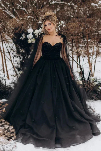 A-Line Black Gothic Wedding Dress 3D Flowers Tulle With Cape