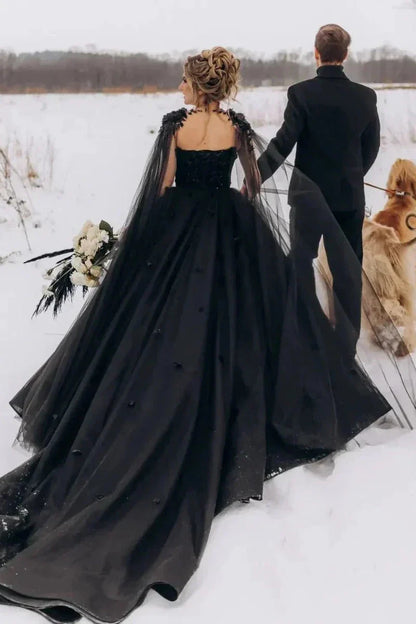 A-Line Black Gothic Wedding Dress 3D Flowers Tulle With Cape