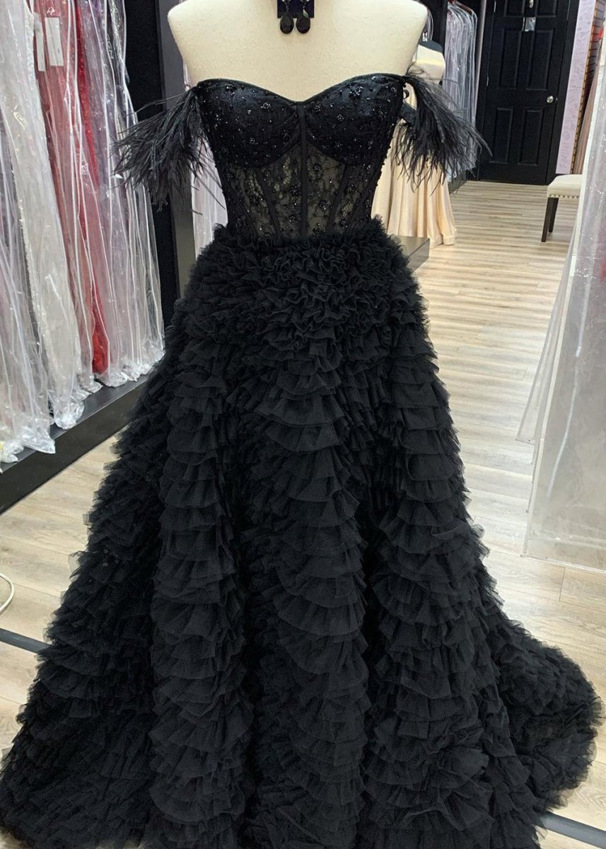 A Line Sweetheart Tiered Tulle Long Prom Dress With Slit