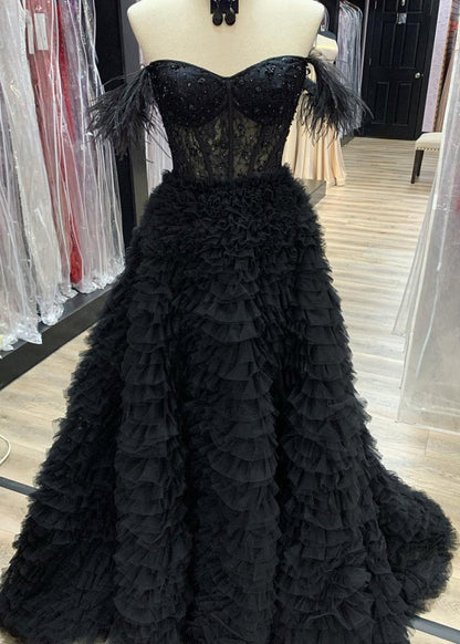A Line Sweetheart Tiered Tulle Long Prom Dress With Slit