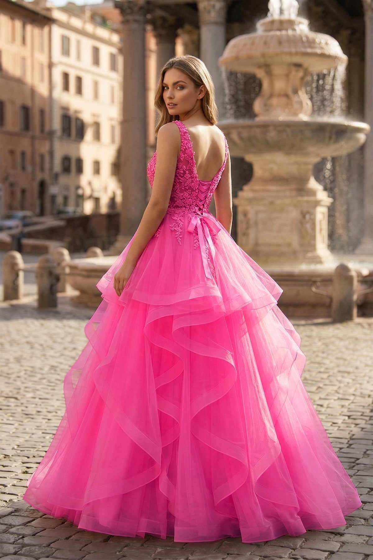 A-Line Prom Dresses Princess Dress Formal Floor Length Sleeveless V Neck Tulle Backless with Pleats Appliques