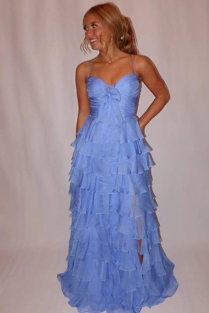 A Line Spaghetti Straps Yellow Long Prom Dress with Ruffles