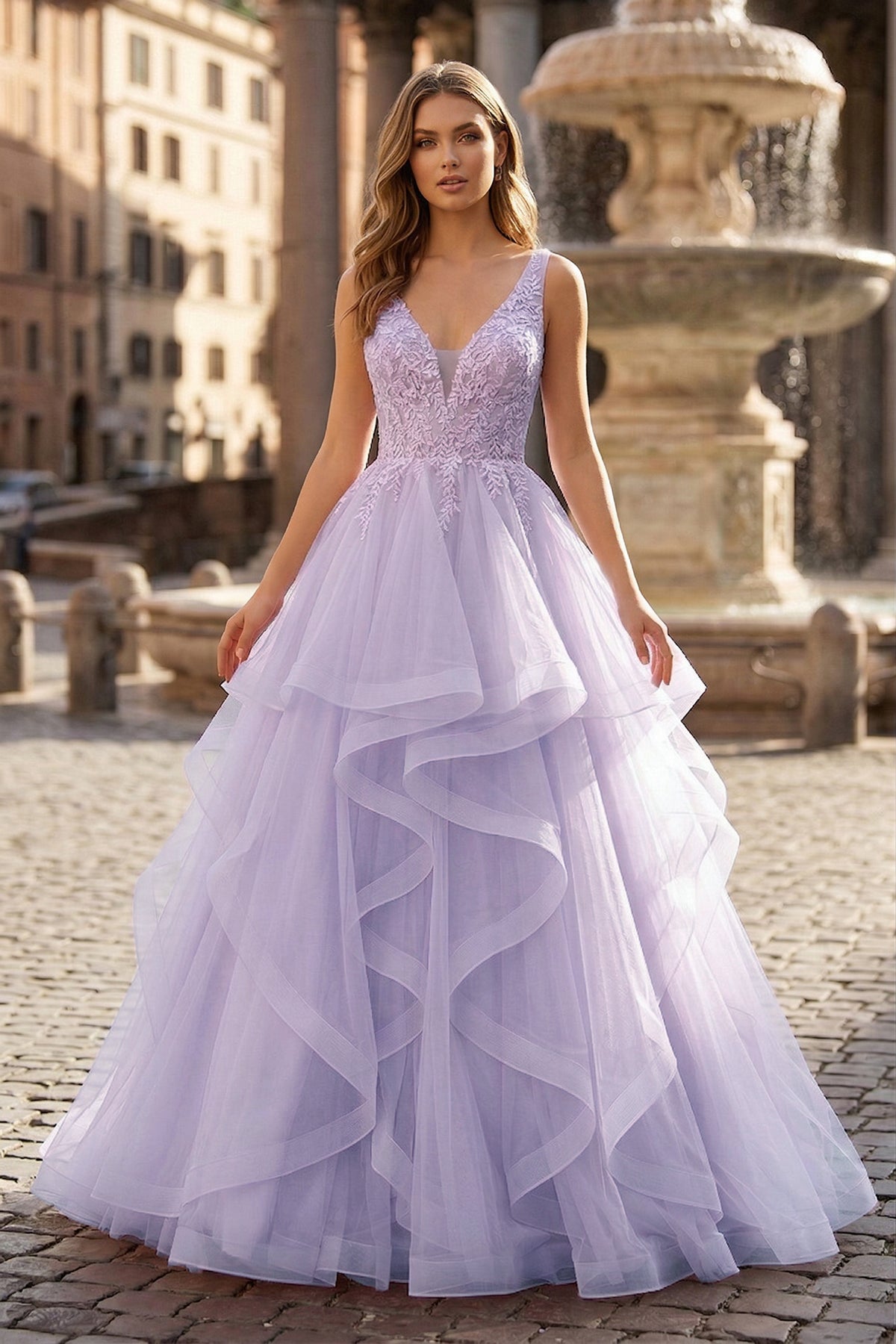 A-Line Prom Dresses Princess Dress Formal Floor Length Sleeveless V Neck Tulle Backless with Pleats Appliques