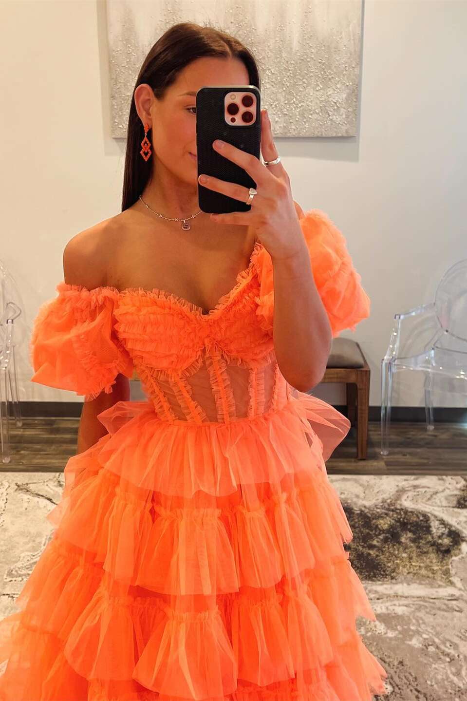 A-line Off-the-Shoulder Tulle Prom Dress with Slit