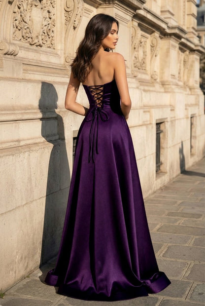 A Line Black Strapless Satin Prom Dresses With Slit