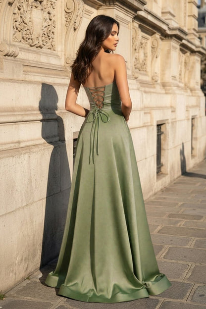 A Line Black Strapless Satin Prom Dresses With Slit