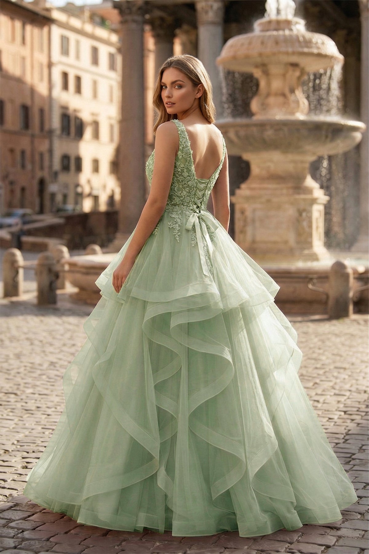 A-Line Prom Dresses Princess Dress Formal Floor Length Sleeveless V Neck Tulle Backless with Pleats Appliques