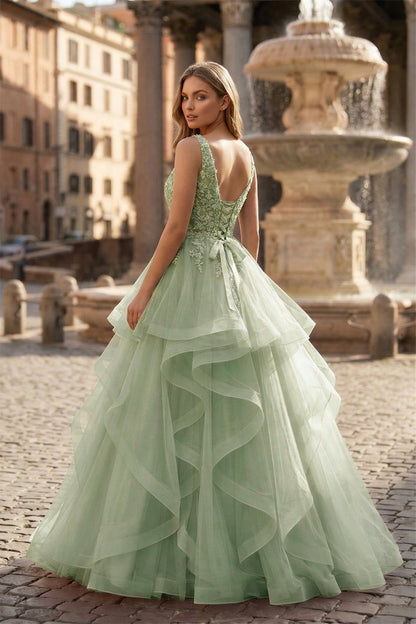 A-Line Prom Dresses Princess Dress Formal Floor Length Sleeveless V Neck Tulle Backless with Pleats Appliques