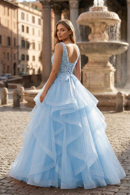 A-Line Prom Dresses Princess Dress Formal Floor Length Sleeveless V Neck Tulle Backless with Pleats Appliques