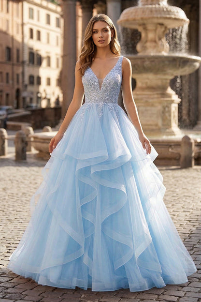 A-Line Prom Dresses Princess Dress Formal Floor Length Sleeveless V Neck Tulle Backless with Pleats Appliques