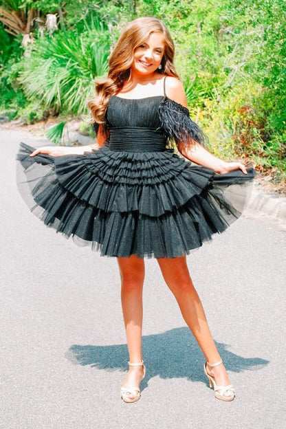 A Line Pink Glitter Tulle Homecoming Dress with Feather