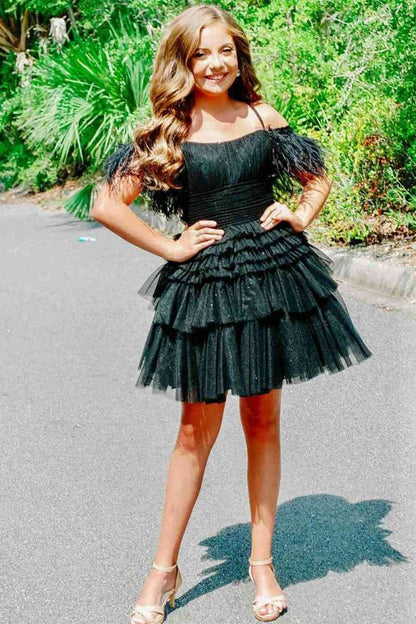 A Line Pink Glitter Tulle Homecoming Dress with Feather