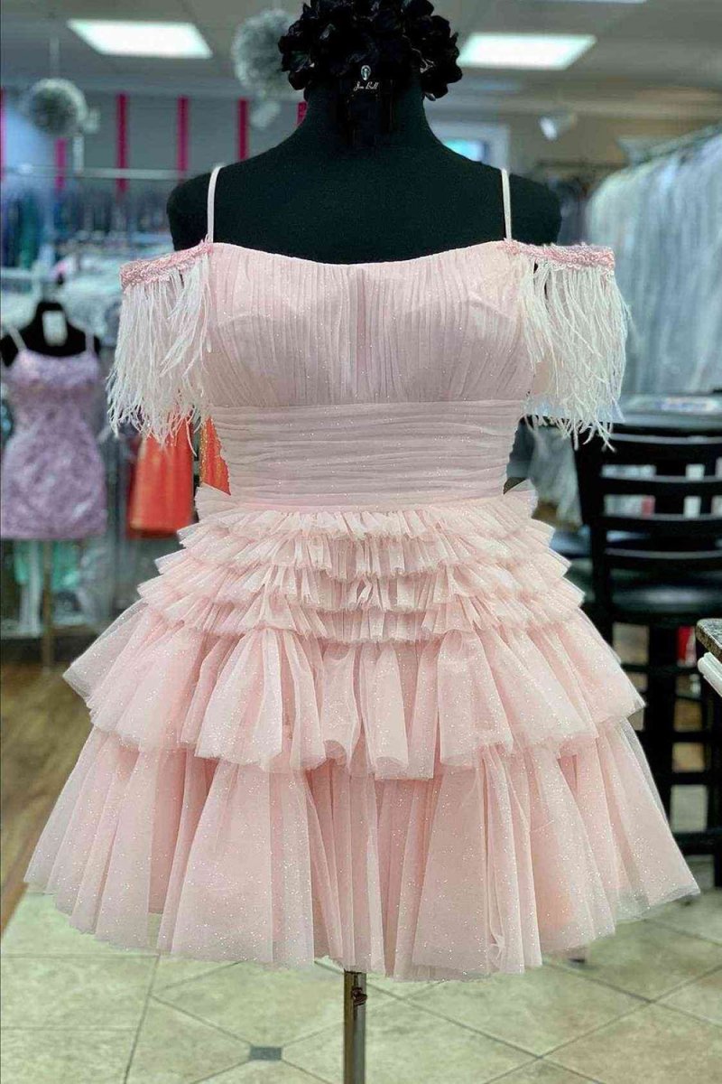 A Line Pink Glitter Tulle Homecoming Dress with Feather