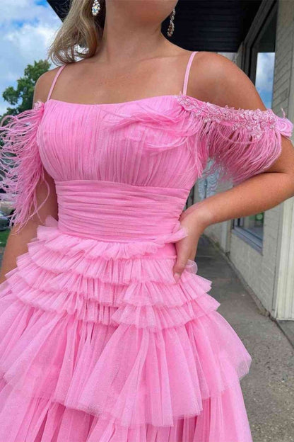 A Line Pink Glitter Tulle Homecoming Dress with Feather