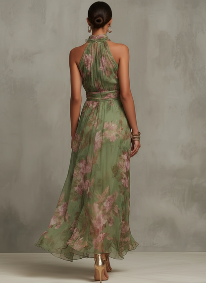 ESSENTIAL - Serena ∙ Green Floral Chiffon Maxi Dress with Halter Neckline